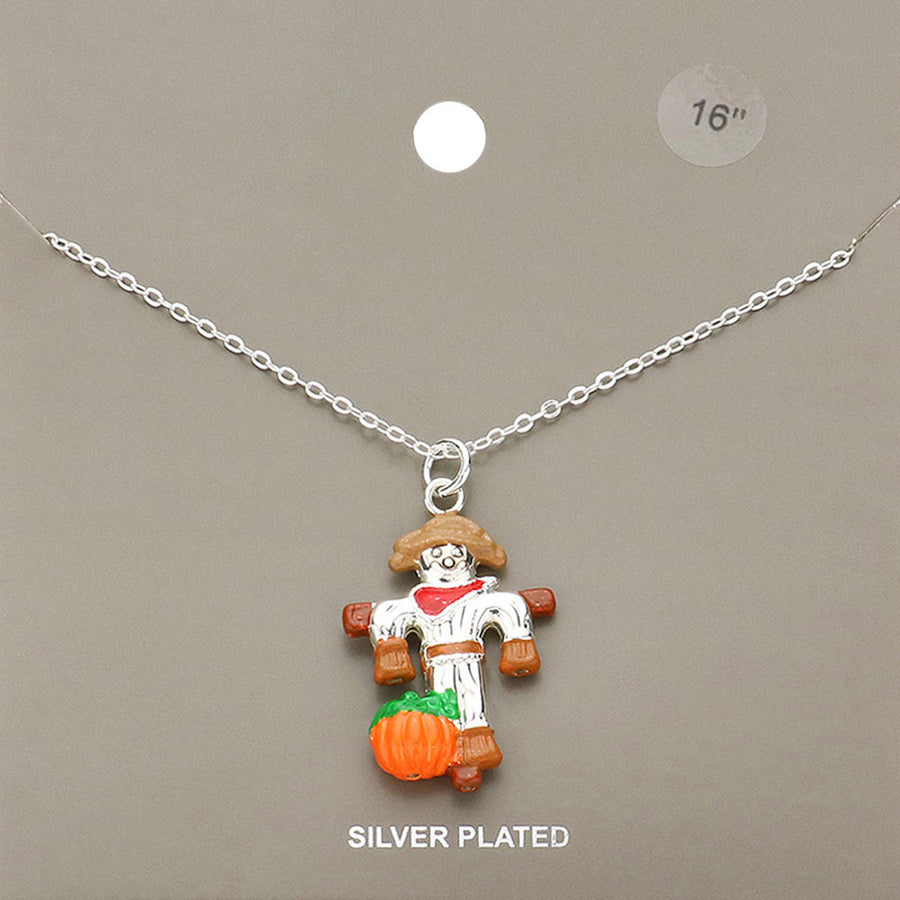 Silver Plated Scarecrow Pumpkin Pendant Necklace