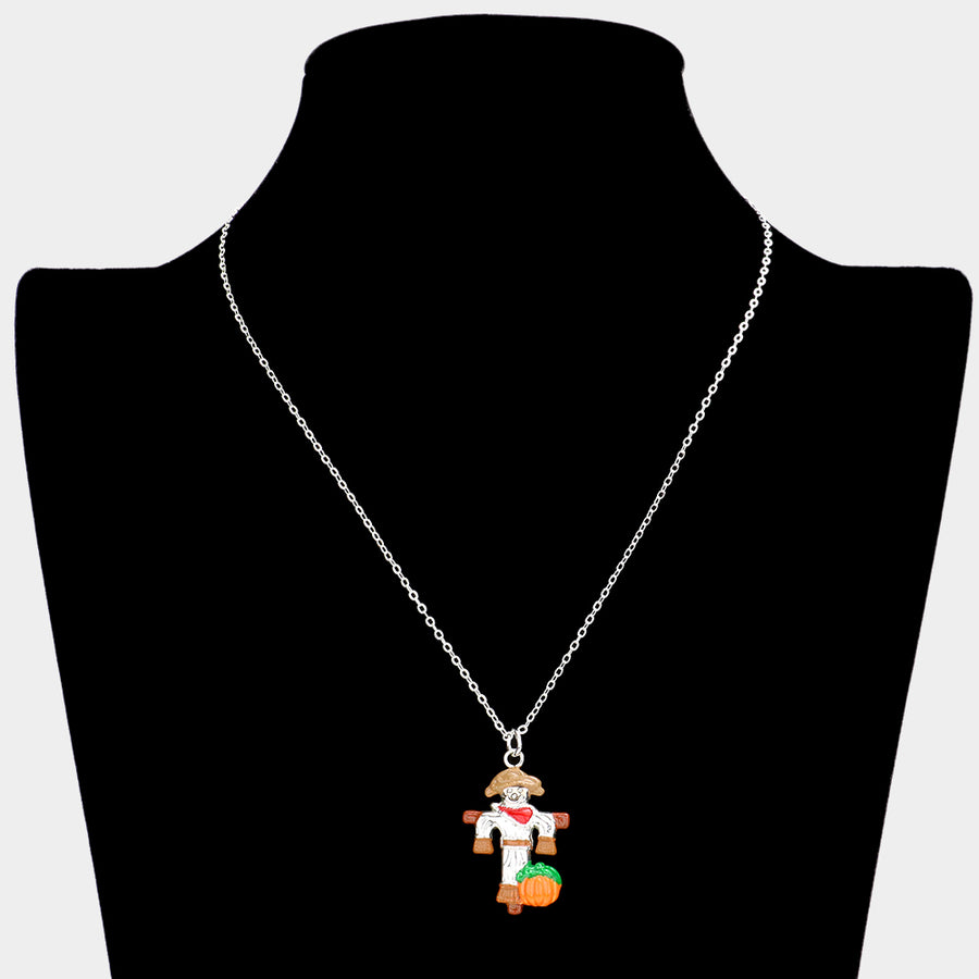 Silver Plated Scarecrow Pumpkin Pendant Necklace