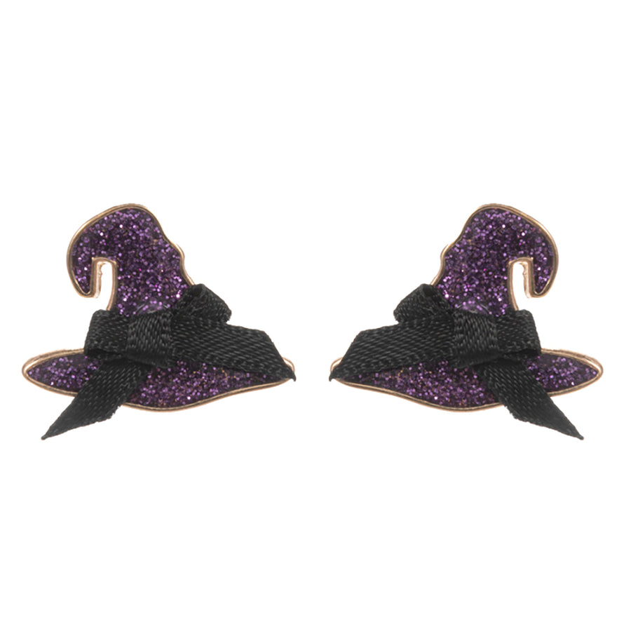 Bow Pointed Sparkly Halloween Witch Hat Stud Earrings