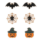 3Pairs - Enamel Halloween Pumpkin Spider Web Bat Stud Earring Set