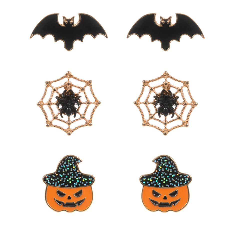 3Pairs - Enamel Halloween Pumpkin Spider Web Bat Stud Earring Set