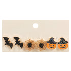 3Pairs - Enamel Halloween Pumpkin Spider Web Bat Stud Earring Set