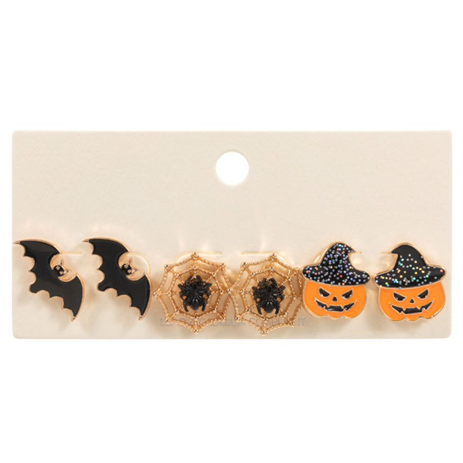 3Pairs - Enamel Halloween Pumpkin Spider Web Bat Stud Earring Set