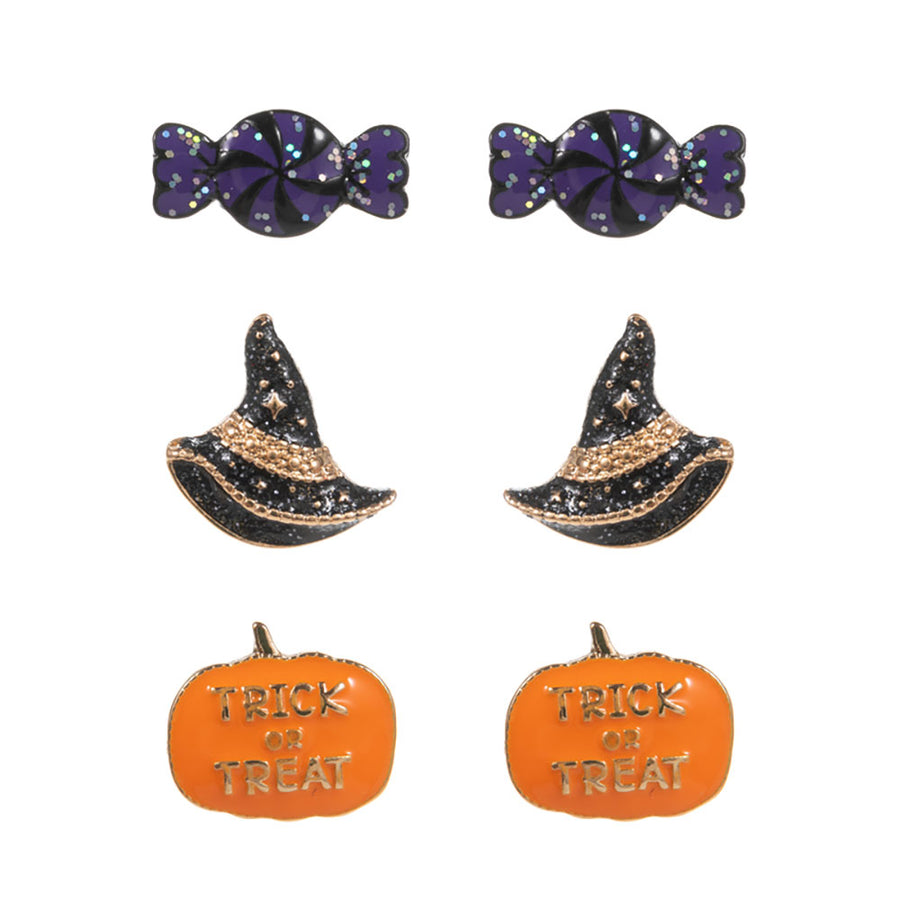 3Pairs - Halloween Candy Witch Hat Pumpkin Stud Earring Set