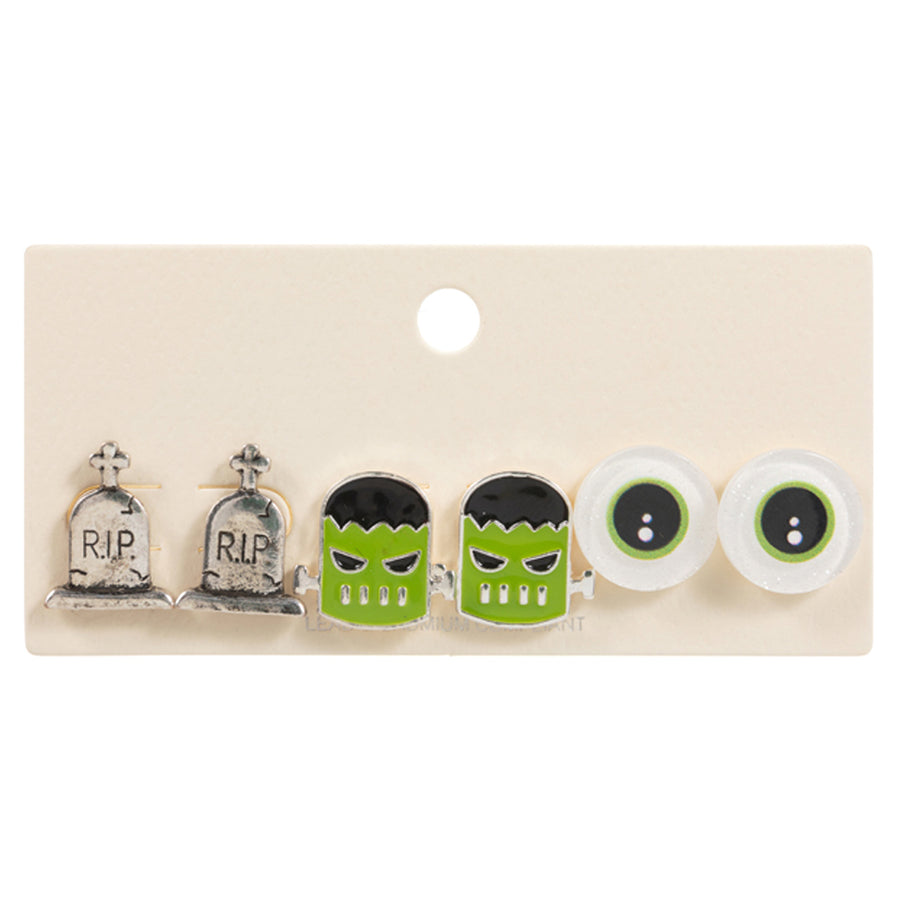 3Pairs - Enamel Halloween Frankenstein Monster Eye Tomb Stud Earring Set