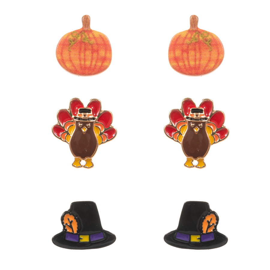 3Pairs - Enamel Thanksgiving Turkey Pumpkin Hat Stud Earring Set