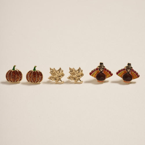 3Pairs - Thanksgiving Pumpkin Turkey Autumn Leaf Stud Earring Set