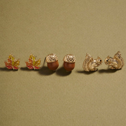 3Pairs - Autumn Leaf Acorn Squirrel Stud Earring Set