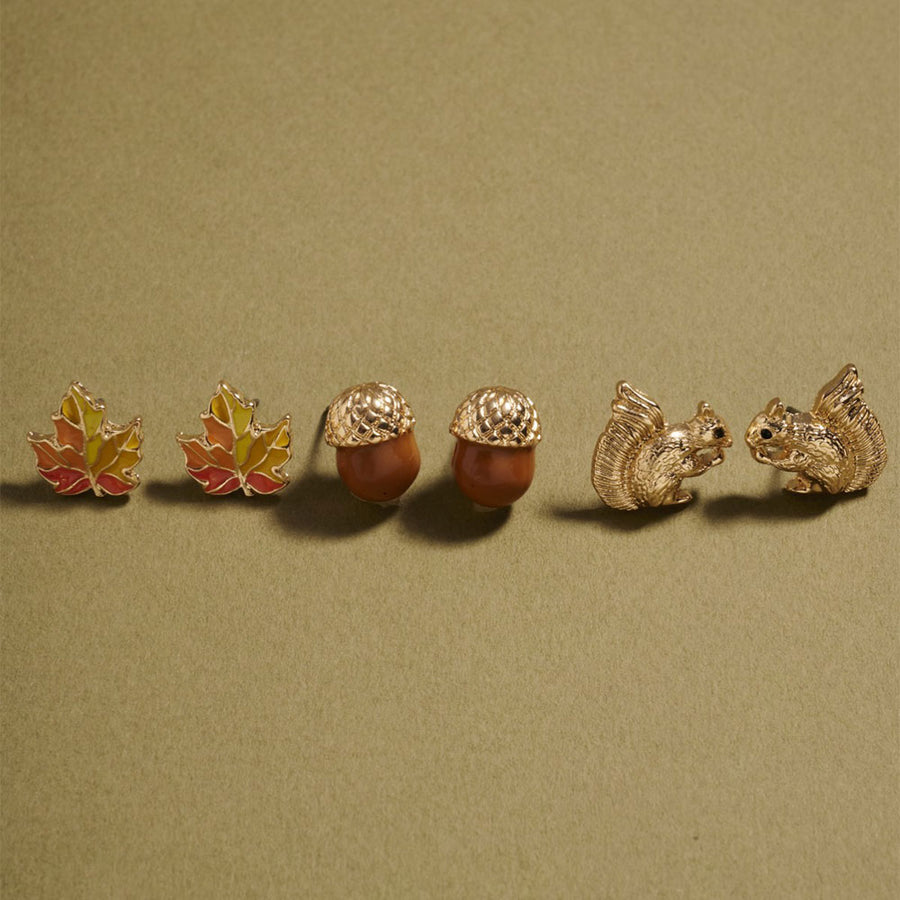 3Pairs - Autumn Leaf Acorn Squirrel Stud Earring Set