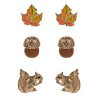 3Pairs - Autumn Leaf Acorn Squirrel Stud Earring Set