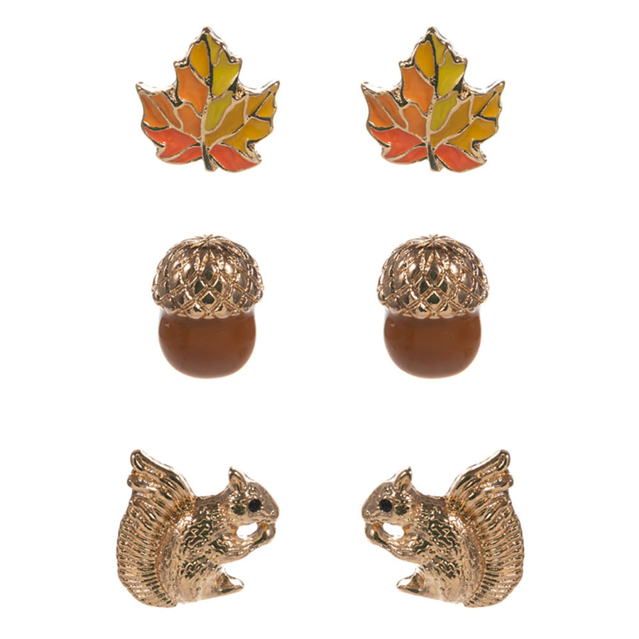 3Pairs - Autumn Leaf Acorn Squirrel Stud Earring Set