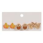 3Pairs - Autumn Leaf Acorn Squirrel Stud Earring Set