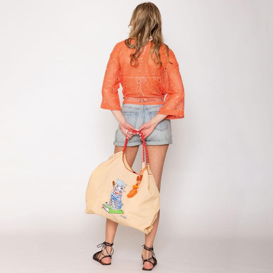 Embroidered Cat Nylon Tote Bag, Rope Handle Casual Shopping Bag