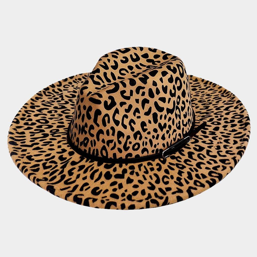 Leopard Print Panama Hat with Faux Leather Band – Wide Brim Fedora Style Sun Hat