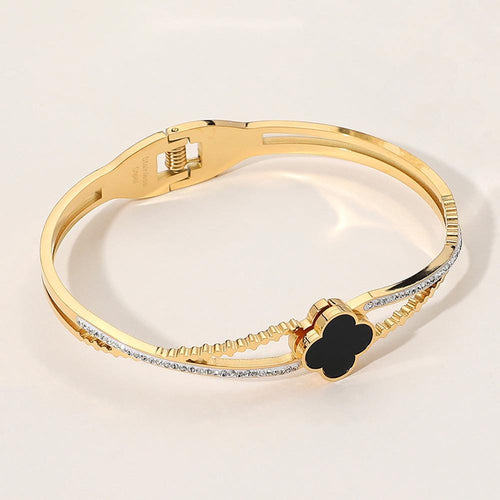 Gold Stainless Steel Quatrefoil Hinged Bangle Bracelet, Minimalist Clover Stackable Jewelry