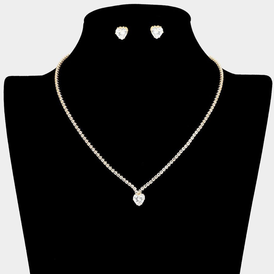 CZ Heart Rhinestone Necklace & Stud Earrings Set | Cluster Accent Jewelry | Sparkling Romantic Jewelry