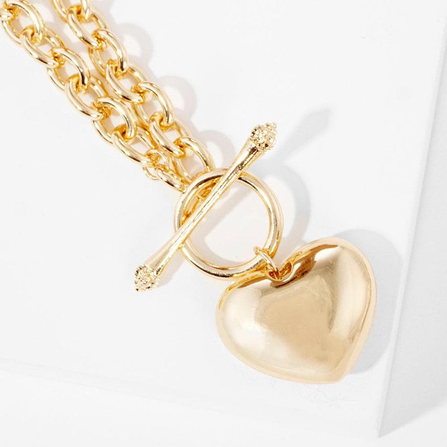 Gold Heart Pendant Necklace, Toggle Clasp, Dainty Brass Chain, Minimalist Layering Jewelry