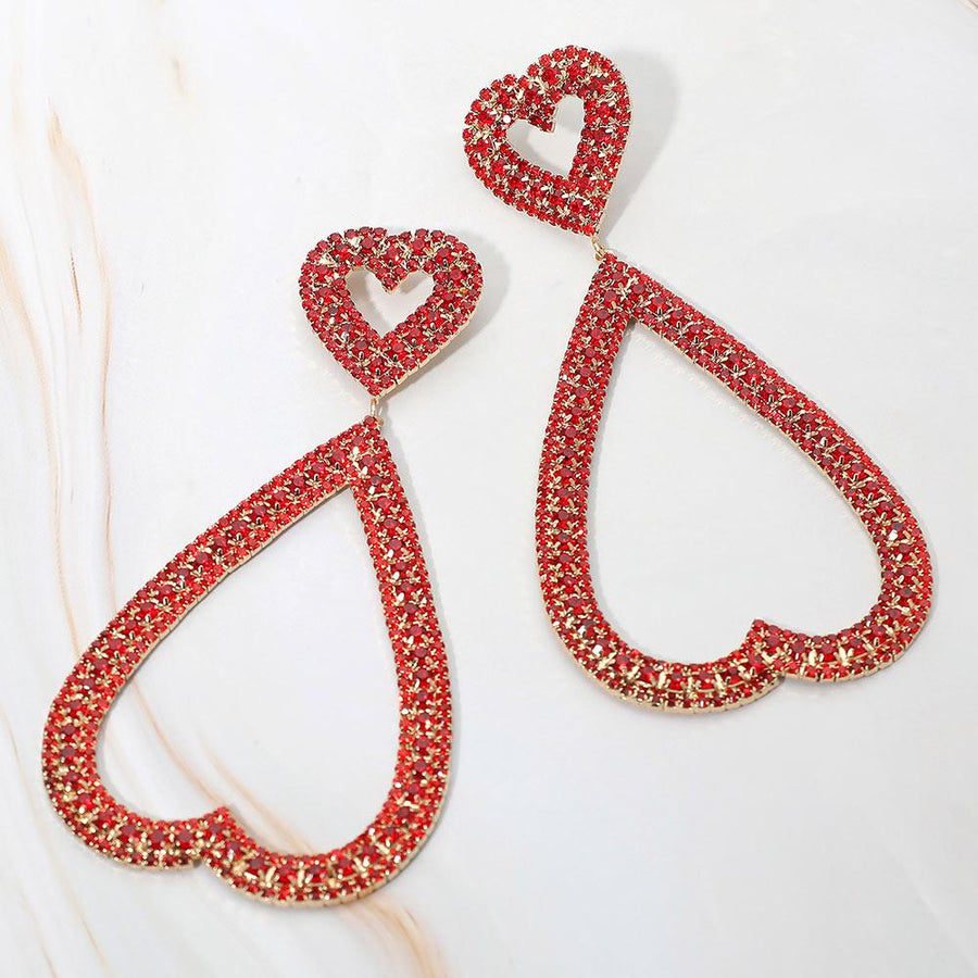 Rhinestone Open Heart Dangle Earrings, Glamorous Statement Jewelry, Evening Party Accessory