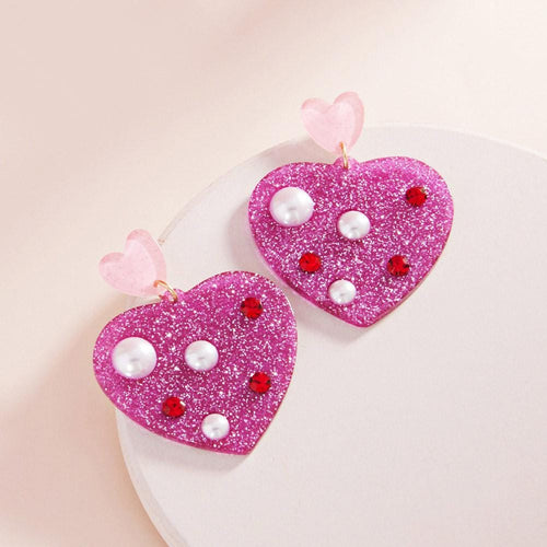 Pearl Glitter Heart Dangle Earrings, Stylish Statement Jewelry, Romantic Sparkle Accessory