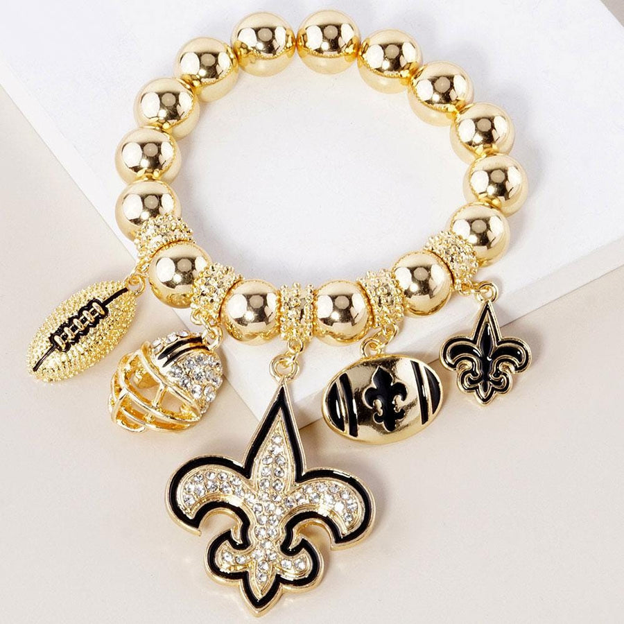 Toleel Fleur De Lis Football Charm Bracelet | Stretch Metal Ball Bracelet | Game Day Jewelry | Football Fan Gift