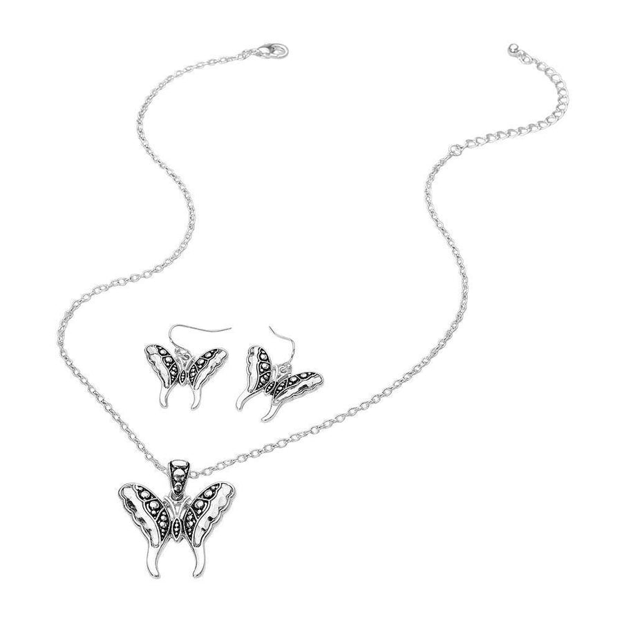 Antique Butterfly Jewelry Set, Vintage Necklace Earrings, Boho Pendant Nature Inspired