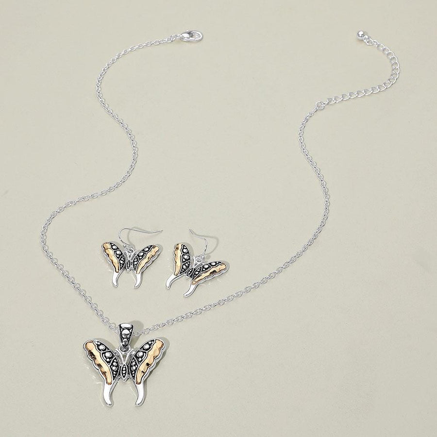 Antique Butterfly Jewelry Set, Vintage Necklace Earrings, Boho Pendant Nature Inspired