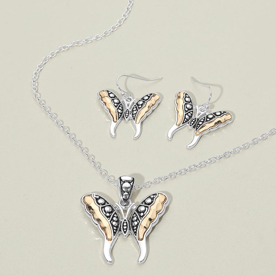 Antique Butterfly Jewelry Set, Vintage Necklace Earrings, Boho Pendant Nature Inspired