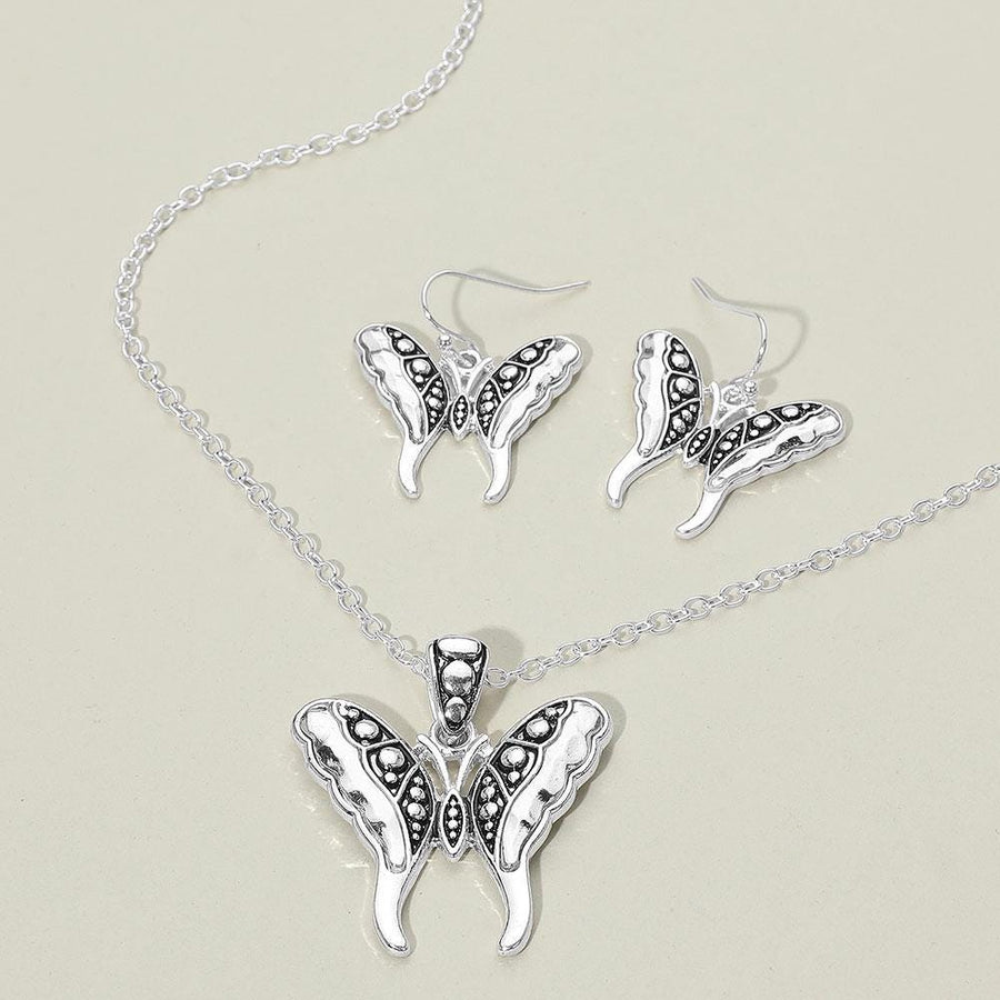 Antique Butterfly Jewelry Set, Vintage Necklace Earrings, Boho Pendant Nature Inspired