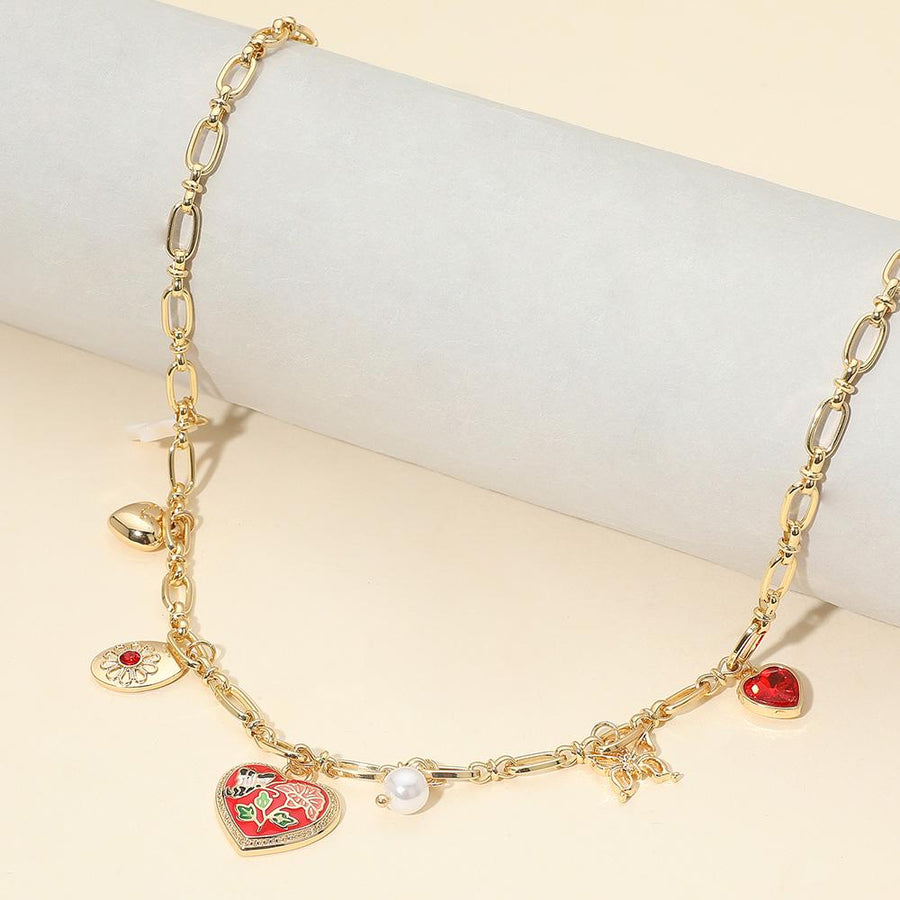 Butterfly Flower Enamel Heart Charm Station Necklace, Dainty Floral Pendant Jewelry