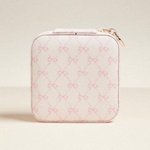 Pink Bow Jewelry Box, Square Travel Case, Mini Organizer, Zipper Closure