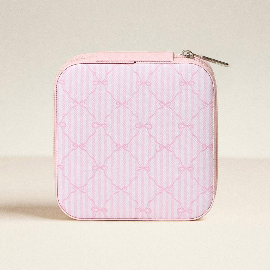 Pink Bow Jewelry Box, Square Travel Case, Mini Organizer, Zipper Closure