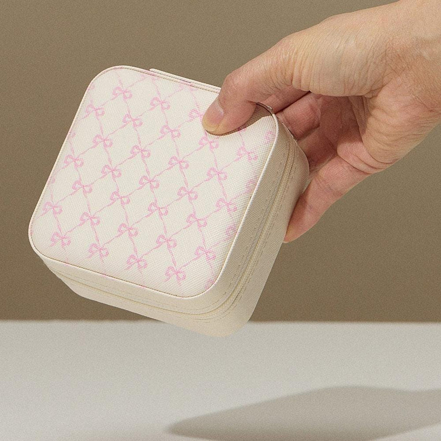 Pink Bow Jewelry Box, Square Travel Case, Mini Organizer, Zipper Closure