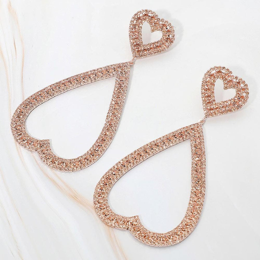 Rhinestone Open Heart Dangle Earrings, Glamorous Statement Jewelry, Evening Party Accessory