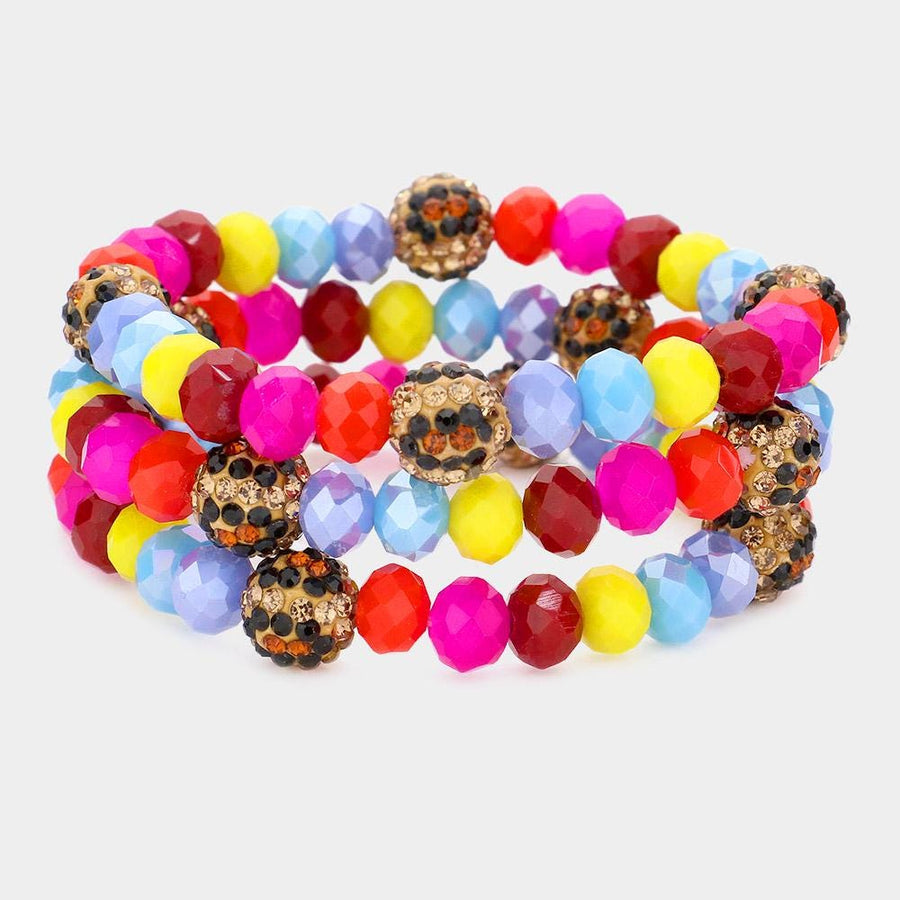 Leopard Pattern Shamballa Bead Bracelet | Faceted Stretch Bracelet | Trendy Boho Bracelets