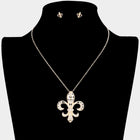 Rhinestone Fleur de Lis Pendant Necklace and Earring Set | Mardi Gras Sparkle Jewelry