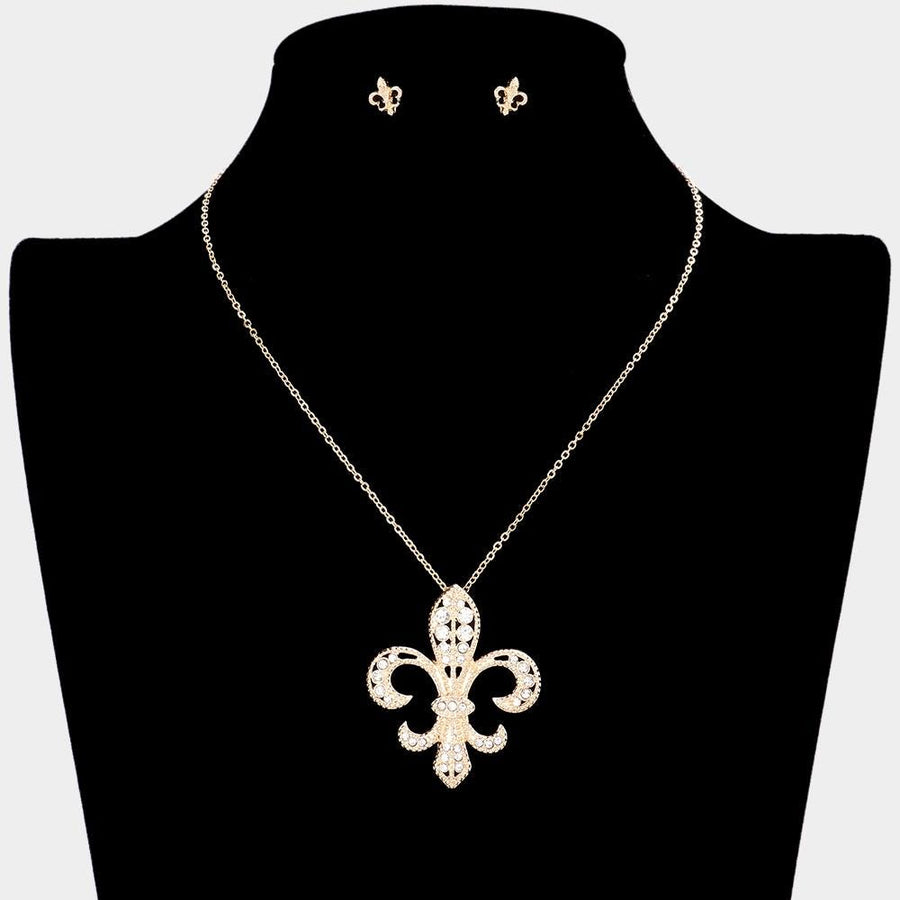 Rhinestone Fleur de Lis Pendant Necklace and Earring Set | Mardi Gras Sparkle Jewelry