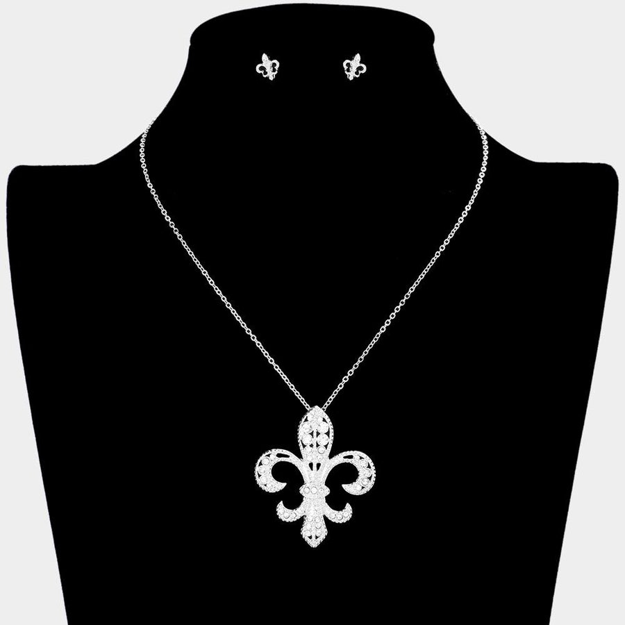 Rhinestone Fleur de Lis Pendant Necklace and Earring Set | Mardi Gras Sparkle Jewelry