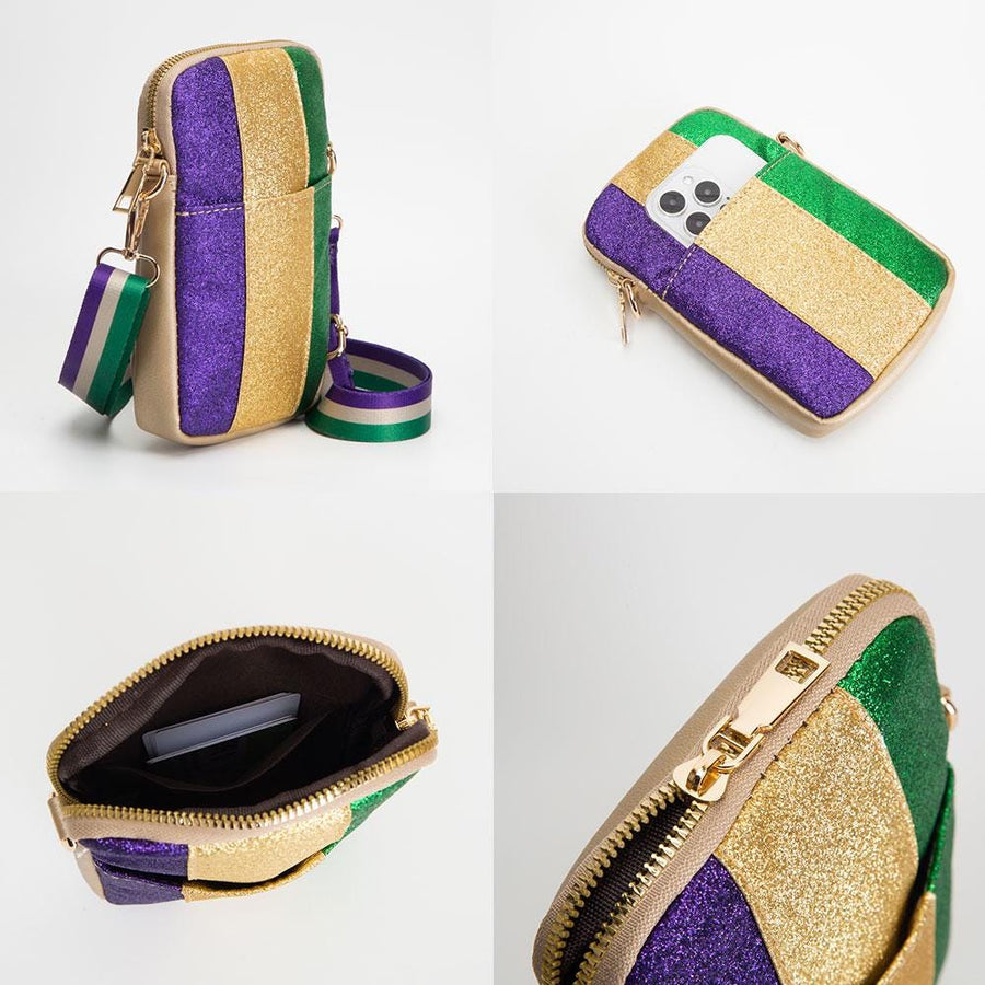 Faux Leather Mardi Gras Sparkle Crossbody Bag | Small Festival Purse | Carnival Purse