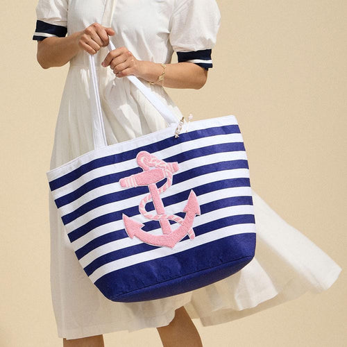 Anchor Striped Beach Tote Bag, Large Summer Shoulder Bag for Seaside Vacation