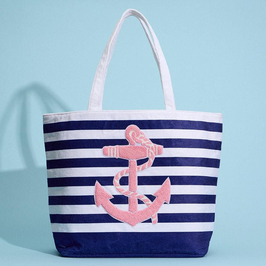 Anchor Striped Beach Tote Bag, Large Summer Shoulder Bag for Seaside Vacation