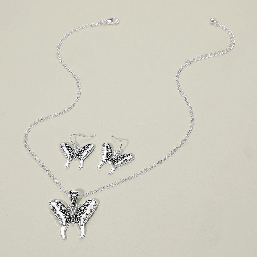 Antique Butterfly Jewelry Set, Vintage Necklace Earrings, Boho Pendant Nature Inspired