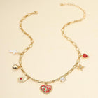 Butterfly Flower Enamel Heart Charm Station Necklace, Dainty Floral Pendant Jewelry