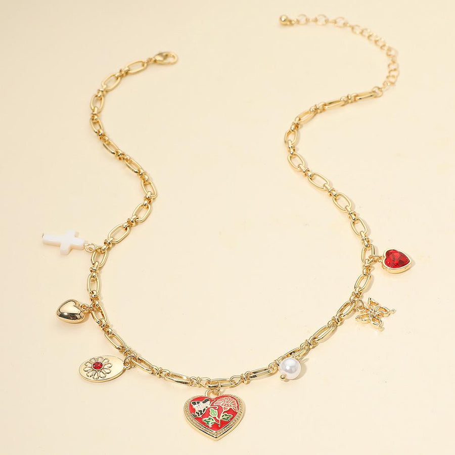 Butterfly Flower Enamel Heart Charm Station Necklace, Dainty Floral Pendant Jewelry