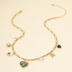 Butterfly Flower Enamel Heart Charm Station Necklace, Dainty Floral Pendant Jewelry