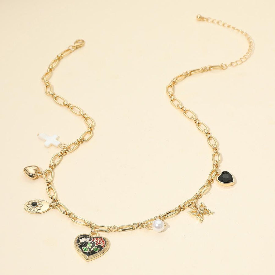 Butterfly Flower Enamel Heart Charm Station Necklace, Dainty Floral Pendant Jewelry