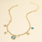 Butterfly Flower Enamel Heart Charm Station Necklace, Dainty Floral Pendant Jewelry