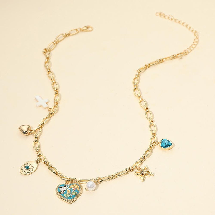 Butterfly Flower Enamel Heart Charm Station Necklace, Dainty Floral Pendant Jewelry