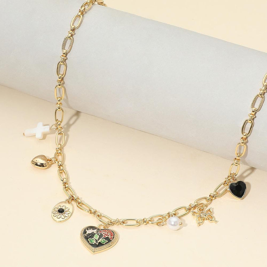 Butterfly Flower Enamel Heart Charm Station Necklace, Dainty Floral Pendant Jewelry