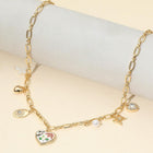 Butterfly Flower Enamel Heart Charm Station Necklace, Dainty Floral Pendant Jewelry