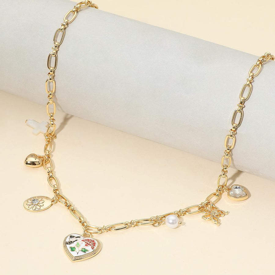 Butterfly Flower Enamel Heart Charm Station Necklace, Dainty Floral Pendant Jewelry